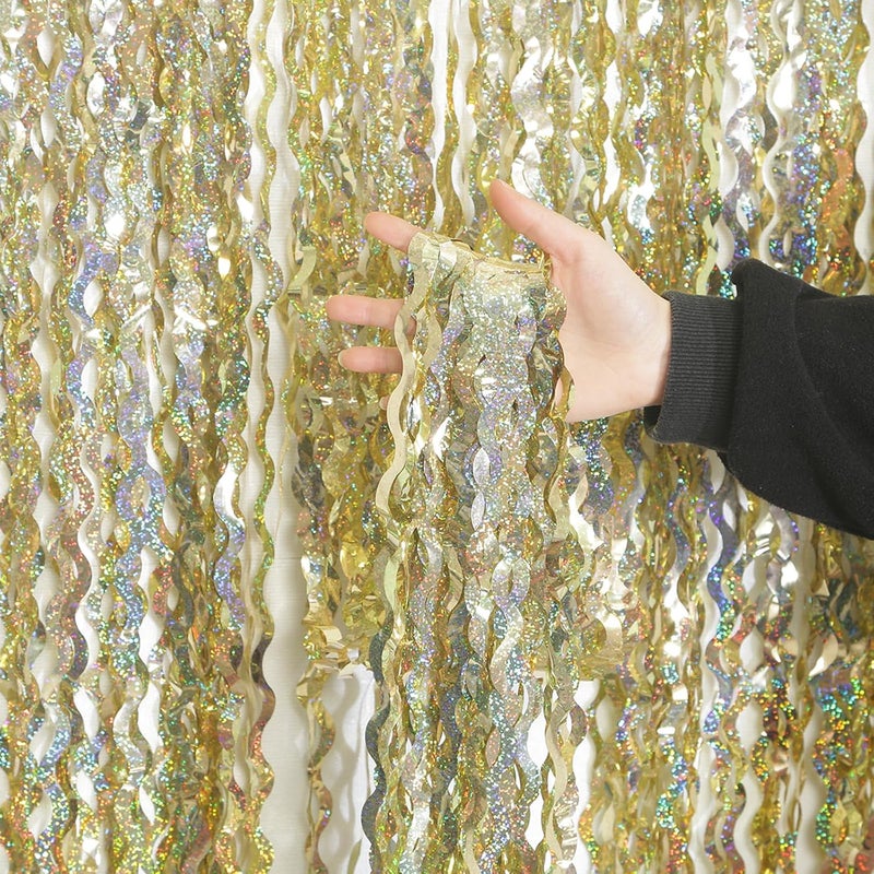 KEEUH 4 Pack Wavy Sparkle Champagne Gold Metallic Tinsel Foil Fringe Curtains Photo Booth Backdrop | Gold Streamer Backdrop for Holiday Celebration Bachelorette Party Decorations - Image 1